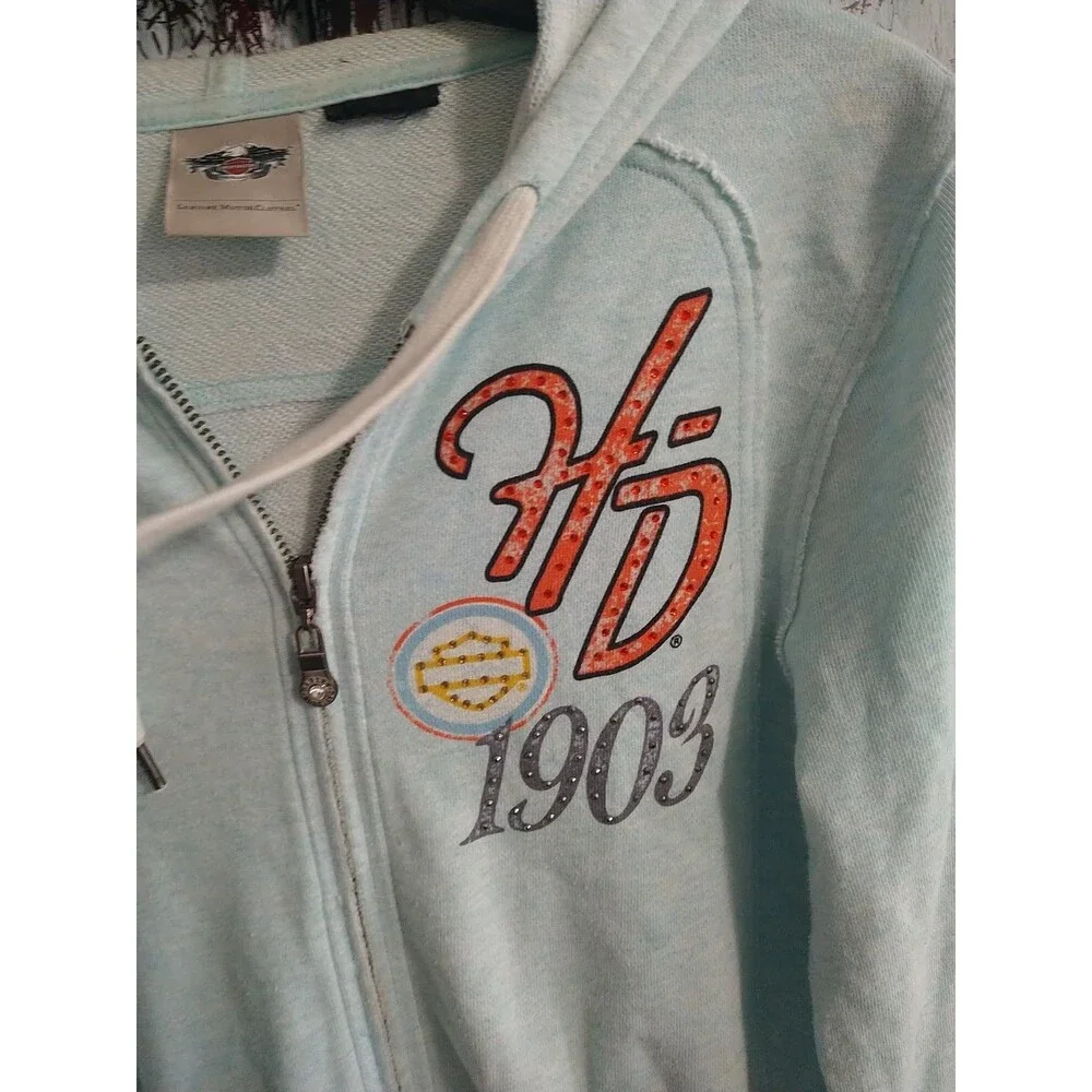 Harley-Davidson Rhinestone Hooded Jacket Blue Medium Motorcycle Y2K - Picture 4 of 15